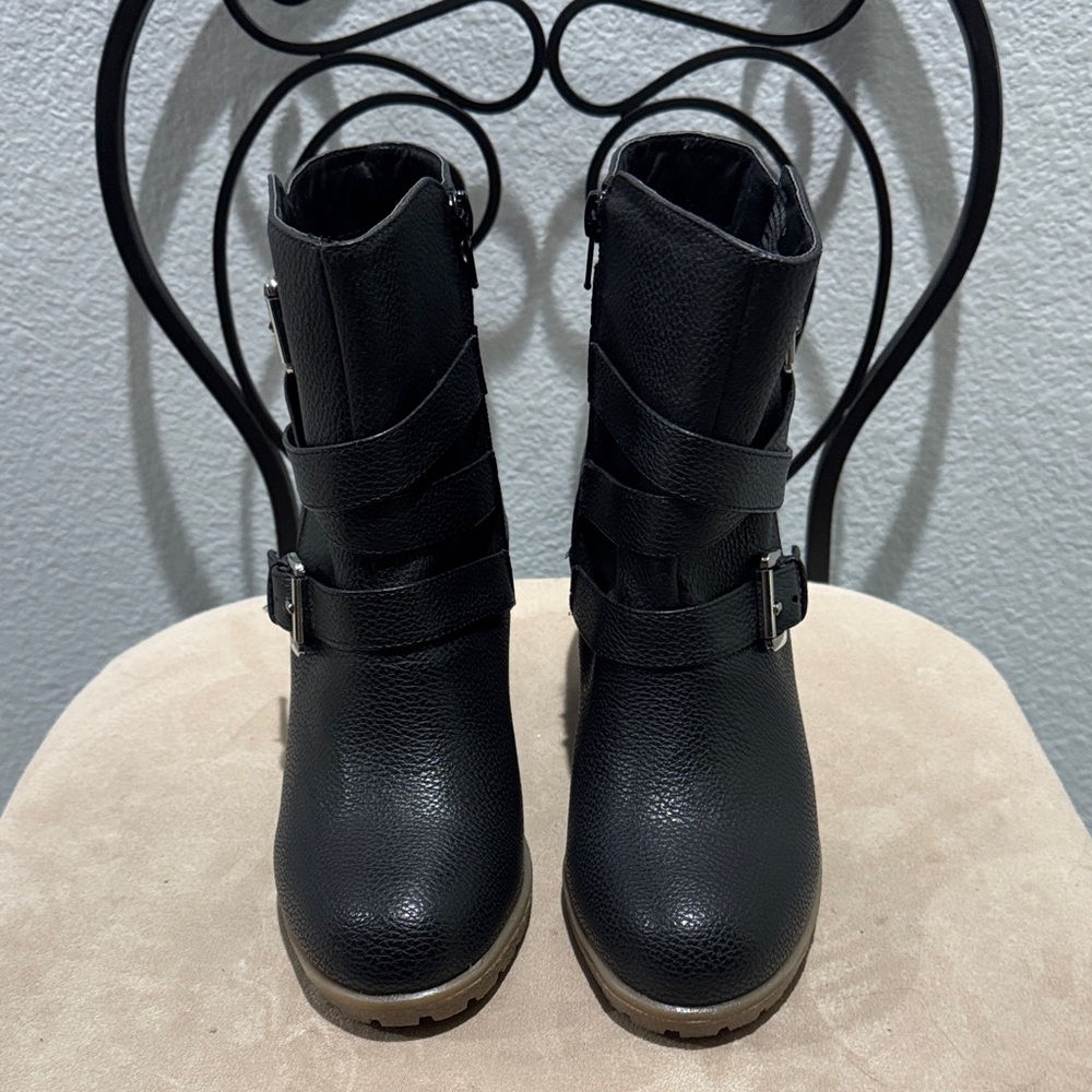 JustFab Black Moto Boots with Buckle Detail